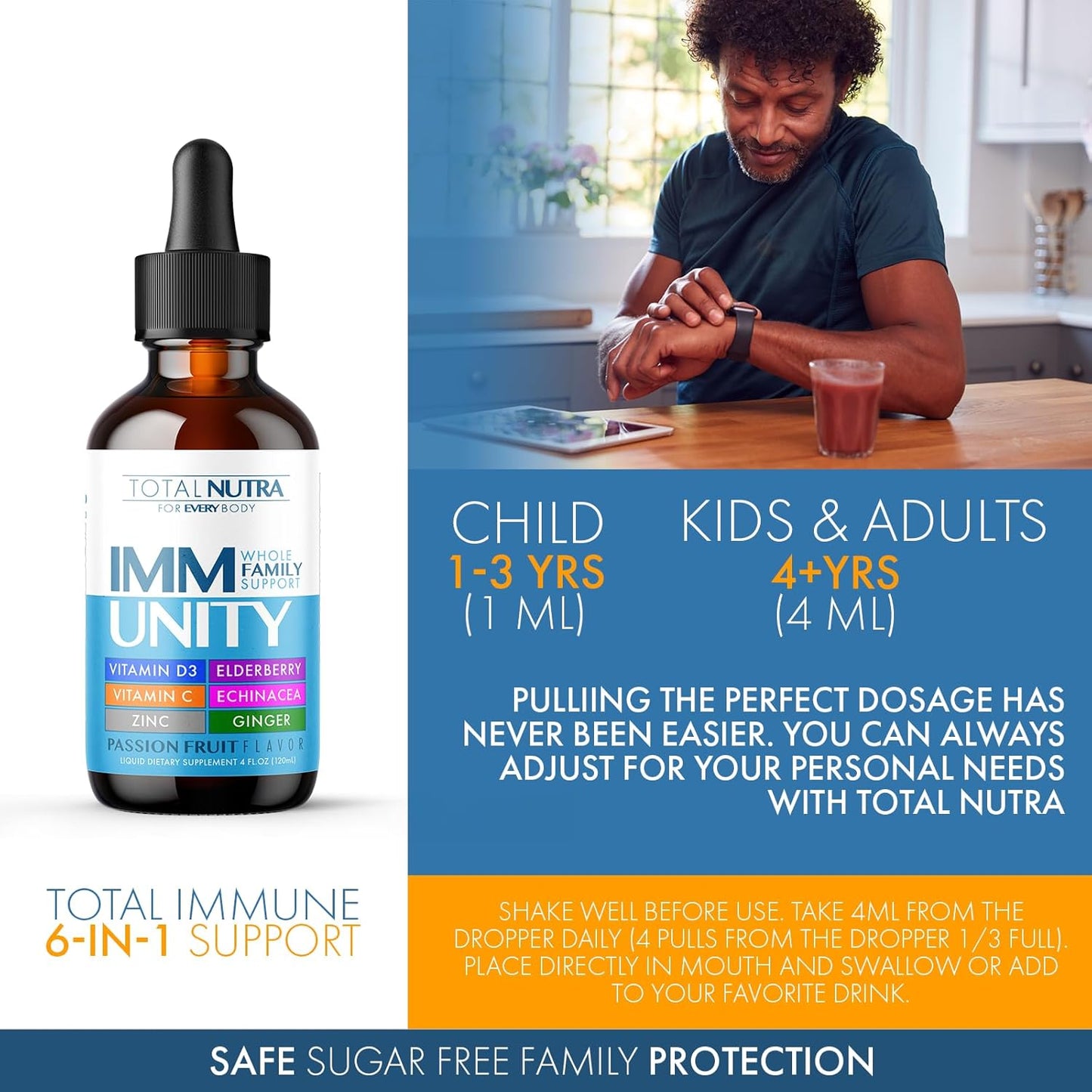 6-in-1 Liquid Multivitamin with Immunity Support Drops for Adults & Kids - Elderberry, Echinacea, Ginger - Passion Fruit Flavor - 4oz 4pk