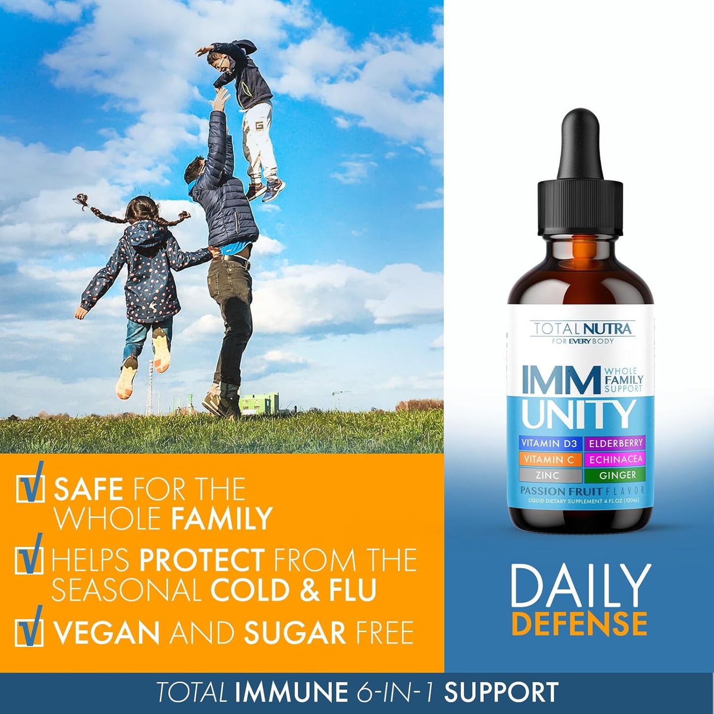6-in-1 Liquid Multivitamin with Immunity Support Drops for Adults & Kids - Elderberry, Echinacea, Ginger - Passion Fruit Flavor - 4oz 4pk