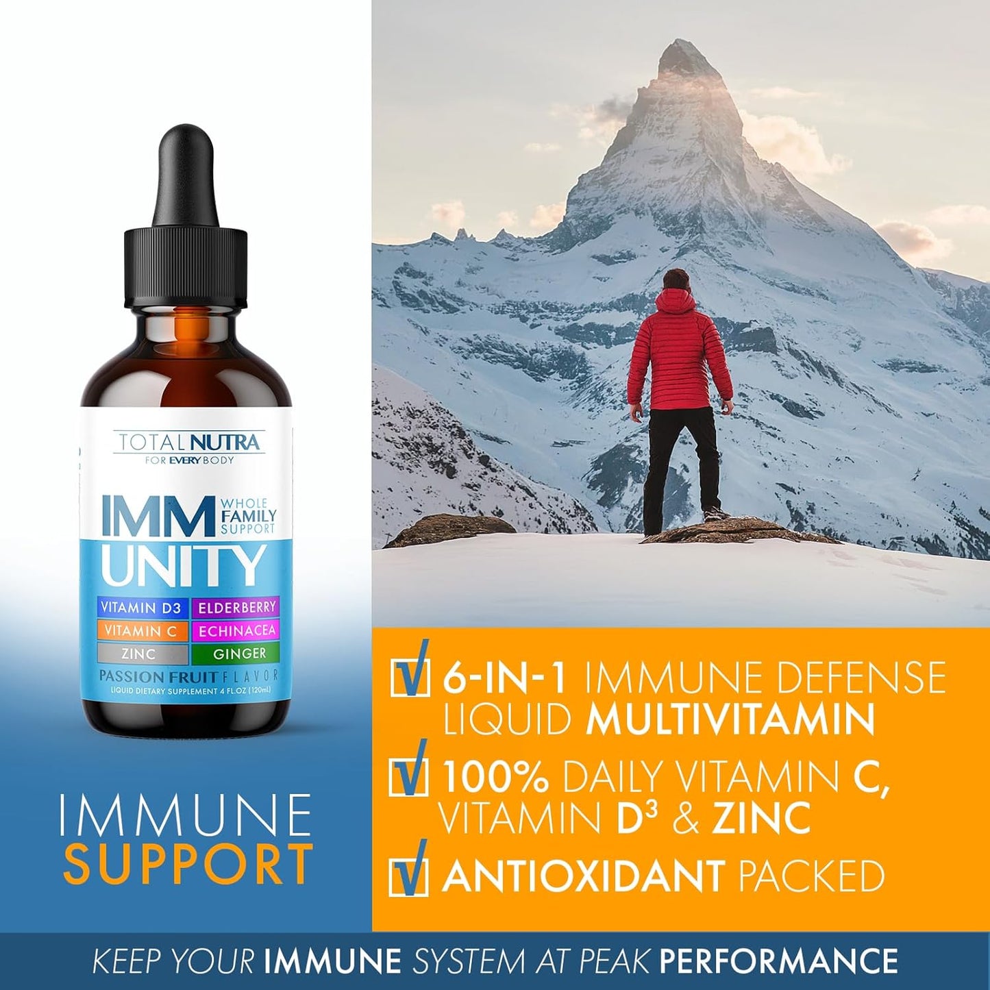 6-in-1 Liquid Multivitamin with Immunity Support Drops for Adults & Kids - Elderberry, Echinacea, Ginger - Passion Fruit Flavor - 4oz 4pk