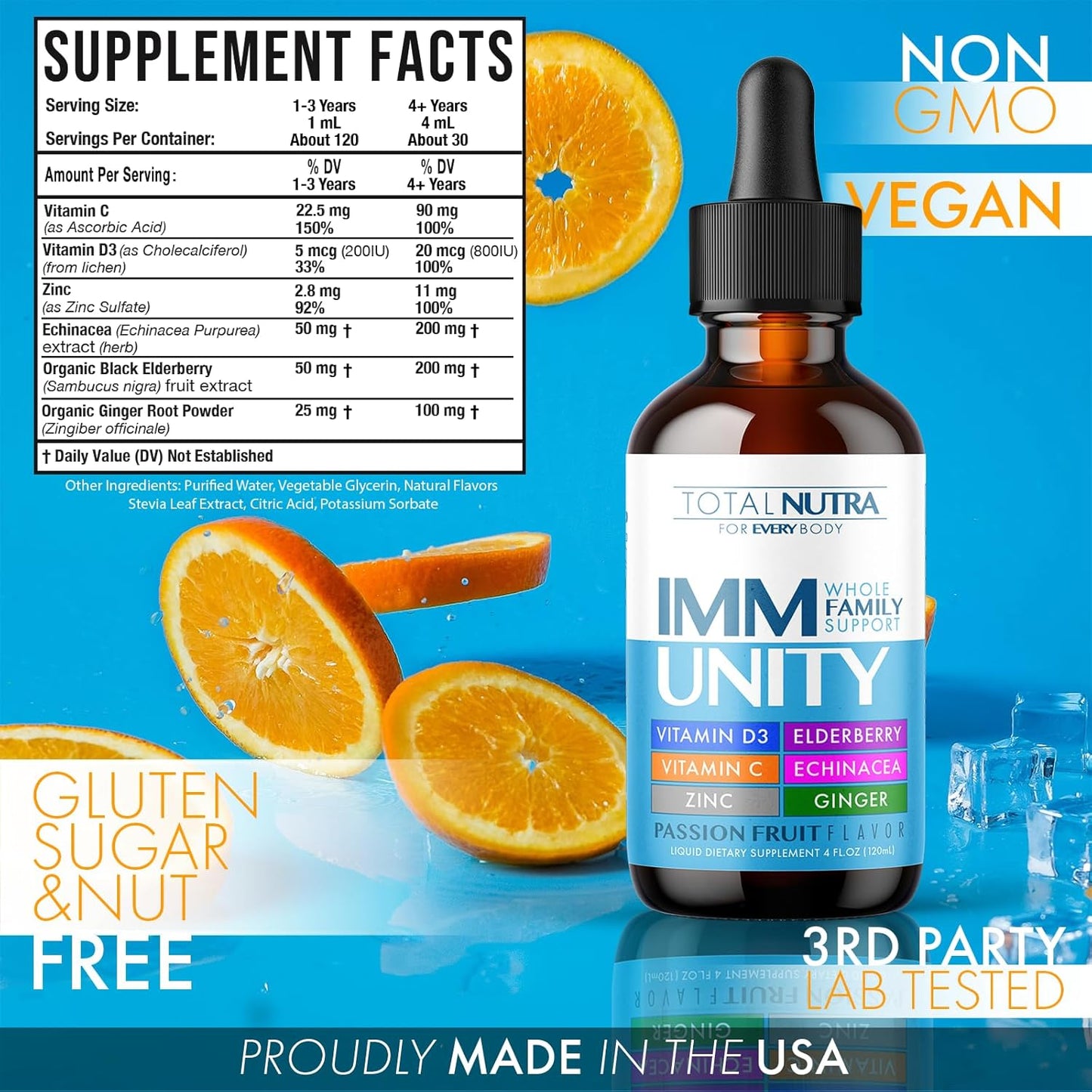 6-in-1 Liquid Multivitamin with Immunity Support Drops for Adults & Kids - Elderberry, Echinacea, Ginger - Passion Fruit Flavor - 4oz 4pk