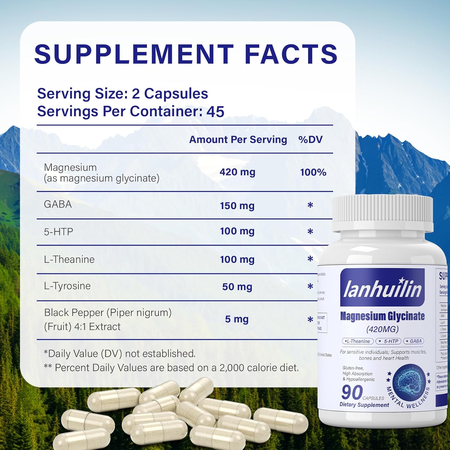 6-in-1 Magnesium Complex with GABA, 5-HTP, L-Theanine, L-Tyrosine - 90 Capsules, High Absorption Formula