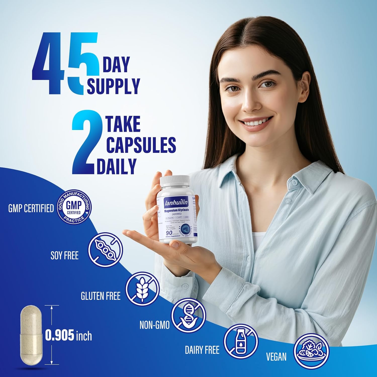 6-in-1 Magnesium Complex with GABA, 5-HTP, L-Theanine, L-Tyrosine - 90 Capsules, High Absorption Formula