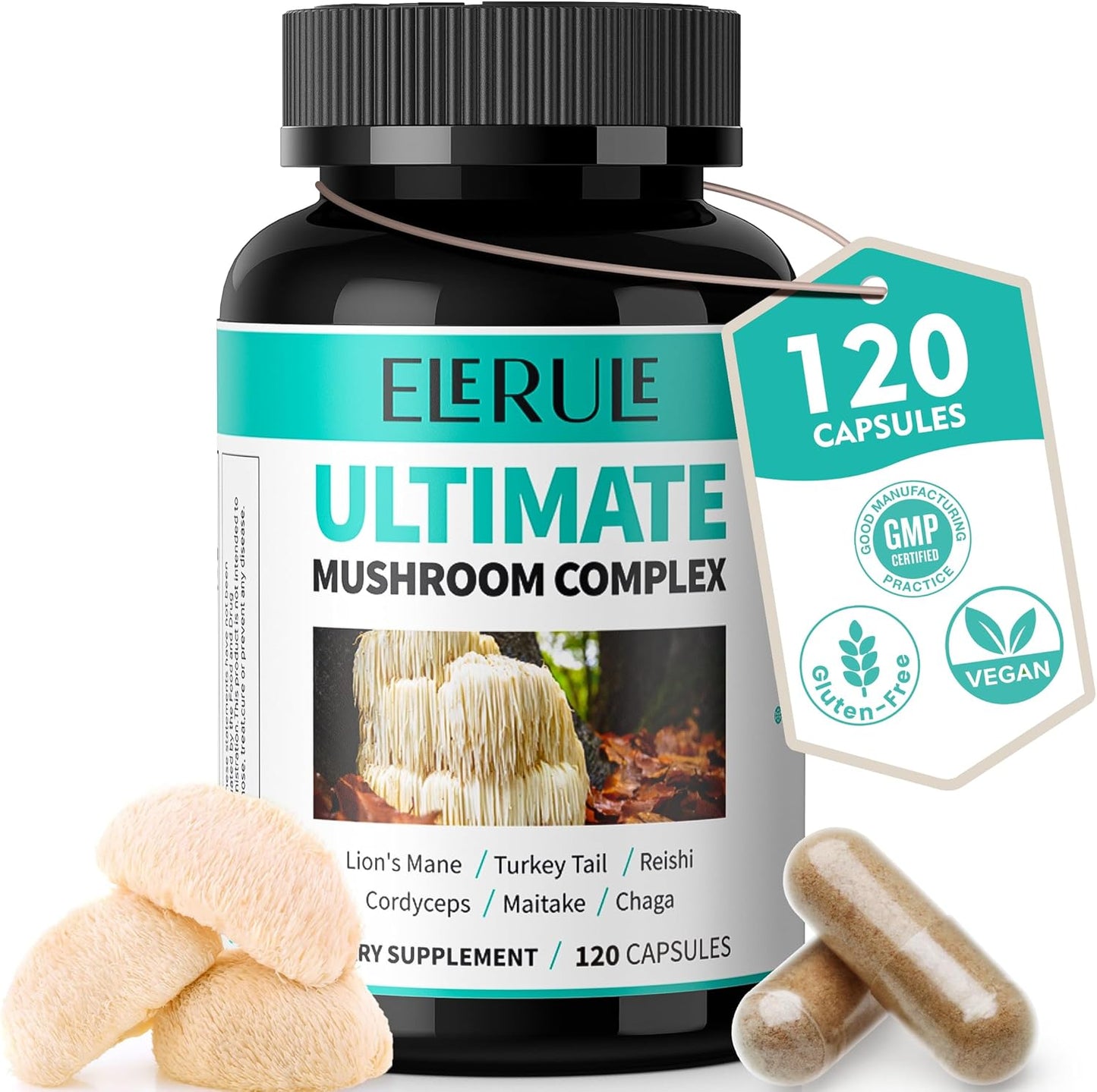 6-in-1 Mushroom Supplement for Focus, Memory, Brain Support - Lions Mane, Reishi, Cordyceps, Chaga, Turkey Tail, Maitake - 120 Capsules