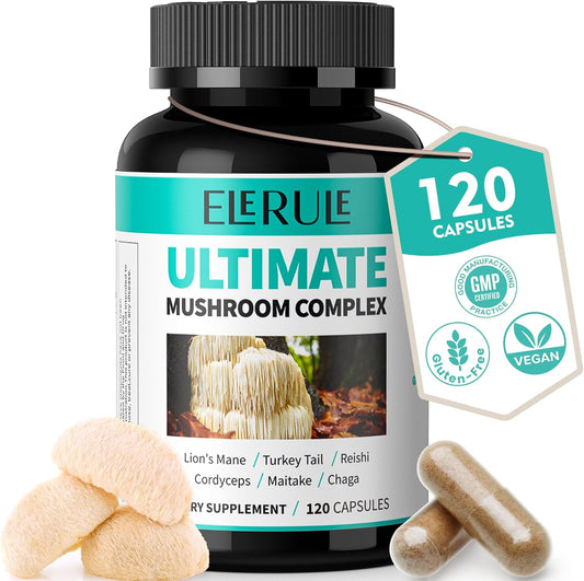 6-in-1 Mushroom Supplement for Focus, Memory, Brain Support - Lions Mane, Reishi, Cordyceps, Chaga, Turkey Tail, Maitake - 120 Capsules