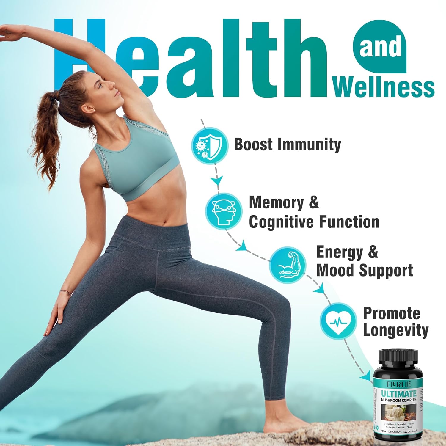 6-in-1 Mushroom Supplement for Focus, Memory, Brain Support - Lions Mane, Reishi, Cordyceps, Chaga, Turkey Tail, Maitake - 120 Capsules