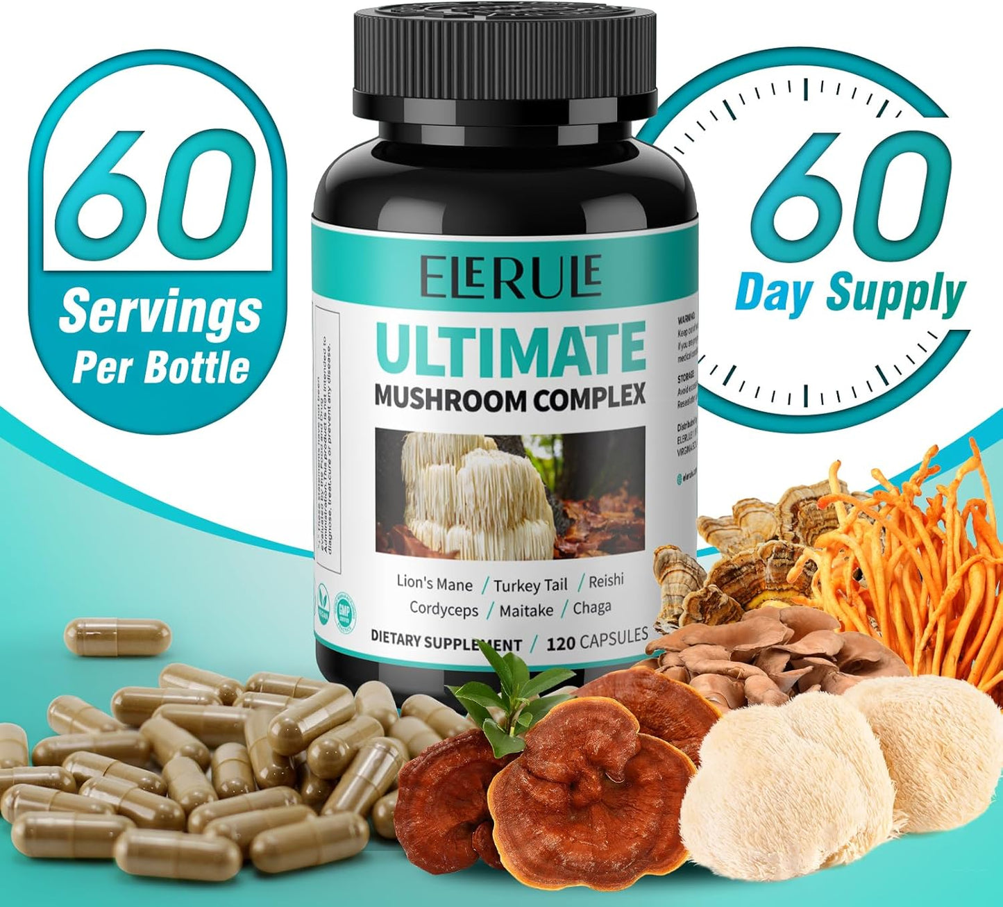 6-in-1 Mushroom Supplement for Focus, Memory, Brain Support - Lions Mane, Reishi, Cordyceps, Chaga, Turkey Tail, Maitake - 120 Capsules