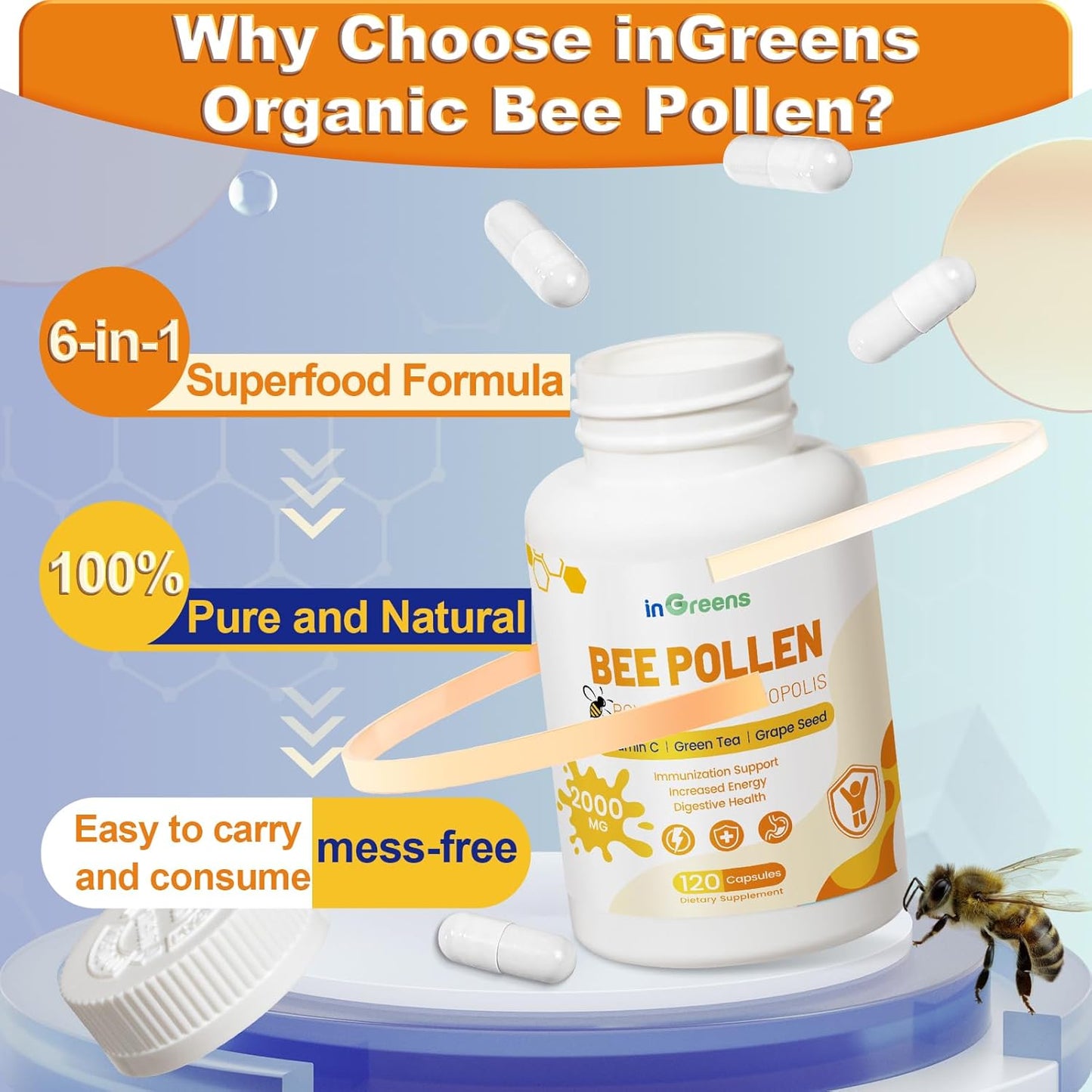 6-in-1 Organic Bee Pollen Supplement - 2000mg Per Serving - Immune & Energy Support for Men & Women - Non-GMO - Made in USA - 120 Capsules