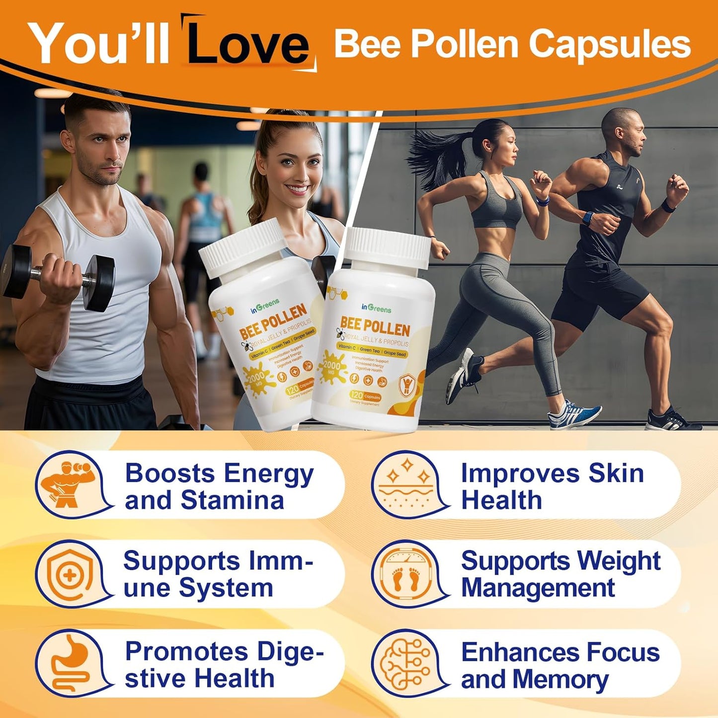 6-in-1 Organic Bee Pollen Supplement - 2000mg Per Serving - Immune & Energy Support for Men & Women - Non-GMO - Made in USA - 120 Capsules
