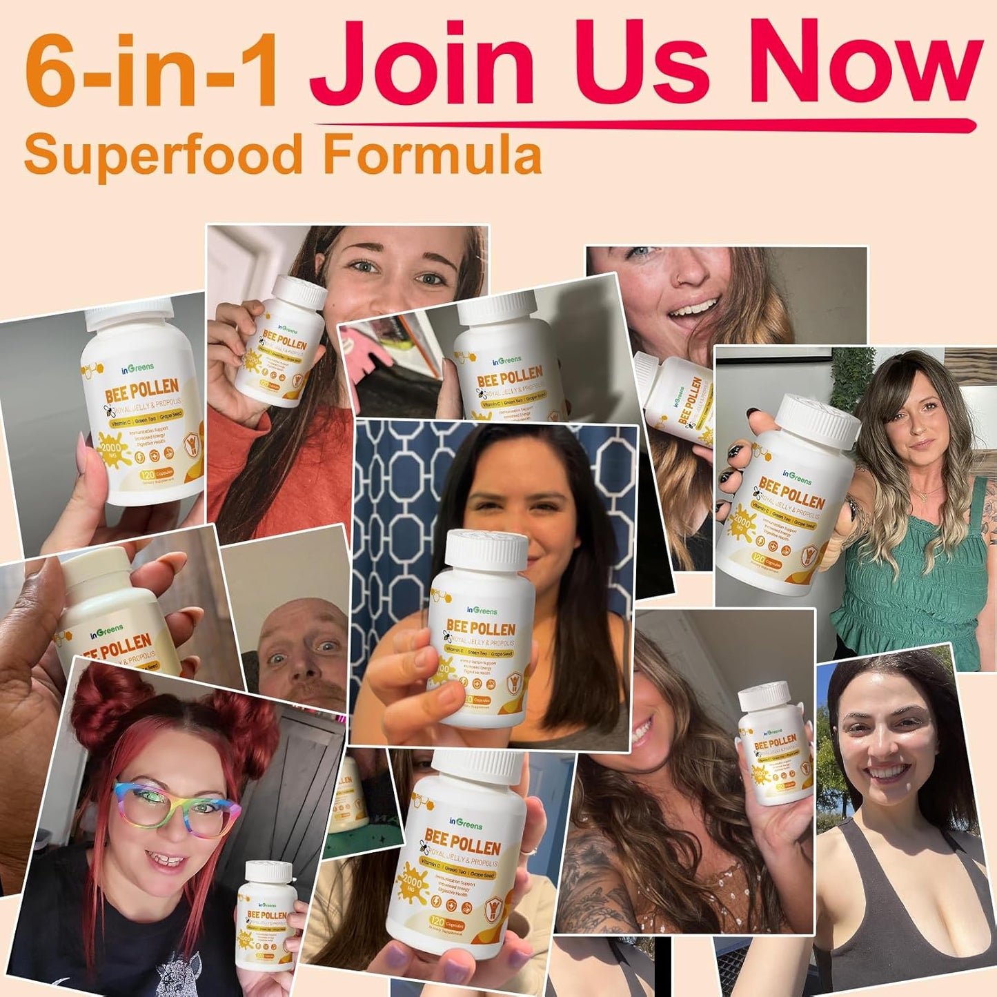 6-in-1 Organic Bee Pollen Supplement - 2000mg Per Serving - Immune & Energy Support for Men & Women - Non-GMO - Made in USA - 120 Capsules