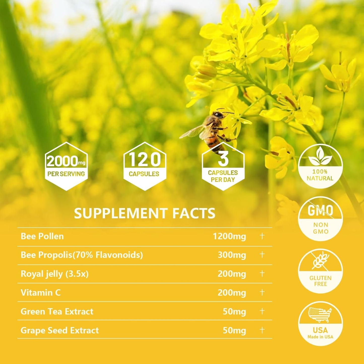 6-in-1 Organic Bee Pollen Supplement - 2000mg Per Serving - Immune & Energy Support for Men & Women - Non-GMO - Made in USA - 120 Capsules