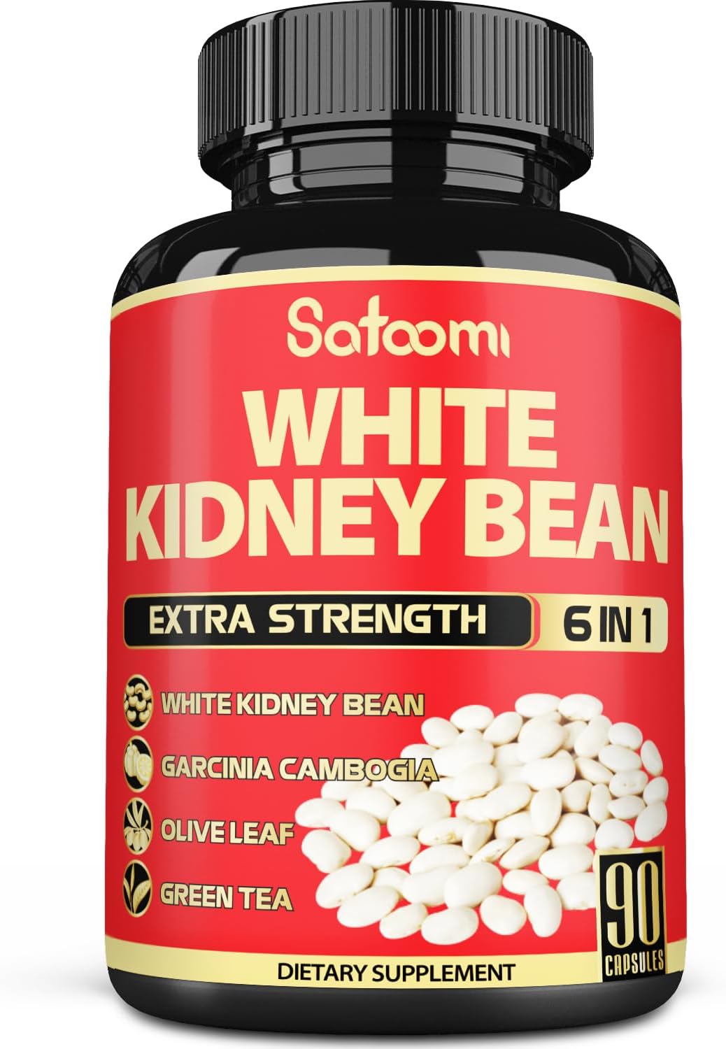 6-in-1 Satoomi White Kidney Bean Extract Capsules - 90 Capsules - 3 Month Supply - Carb Scale Down Support with Olive Leaf, Green Coffee Bean, Green Tea Blend