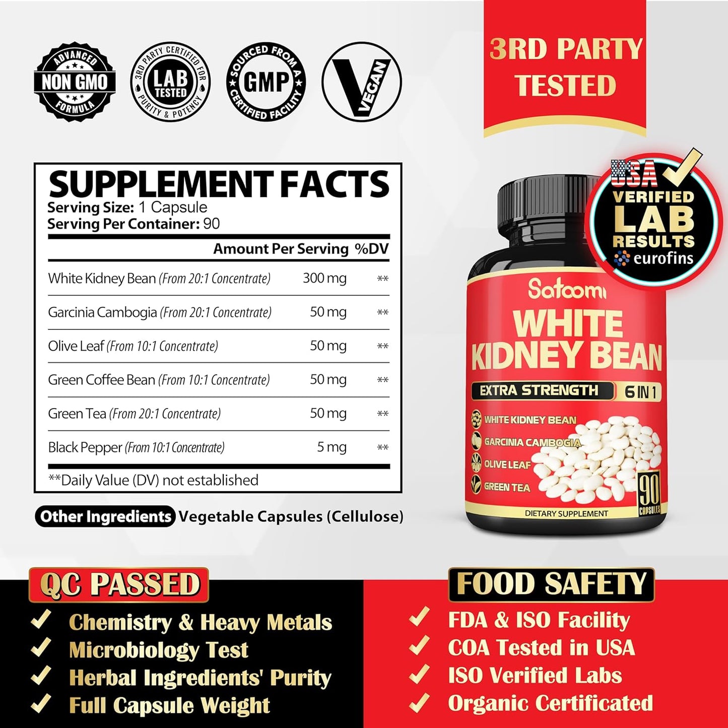 6-in-1 Satoomi White Kidney Bean Extract Capsules - 90 Capsules - 3 Month Supply - Carb Scale Down Support with Olive Leaf, Green Coffee Bean, Green Tea Blend