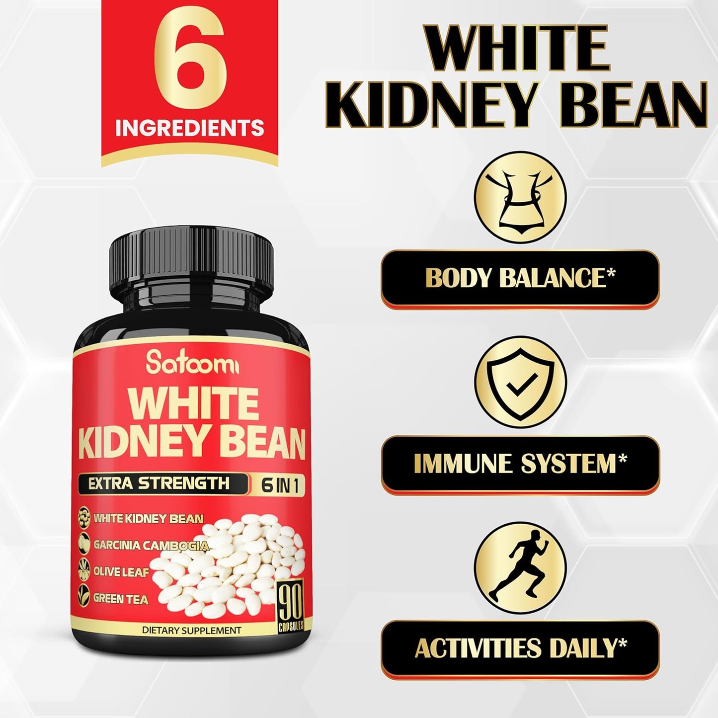 6-in-1 Satoomi White Kidney Bean Extract Capsules - 90 Capsules - 3 Month Supply - Carb Scale Down Support with Olive Leaf, Green Coffee Bean, Green Tea Blend