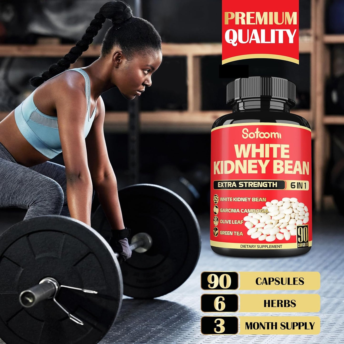 6-in-1 Satoomi White Kidney Bean Extract Capsules - 90 Capsules - 3 Month Supply - Carb Scale Down Support with Olive Leaf, Green Coffee Bean, Green Tea Blend