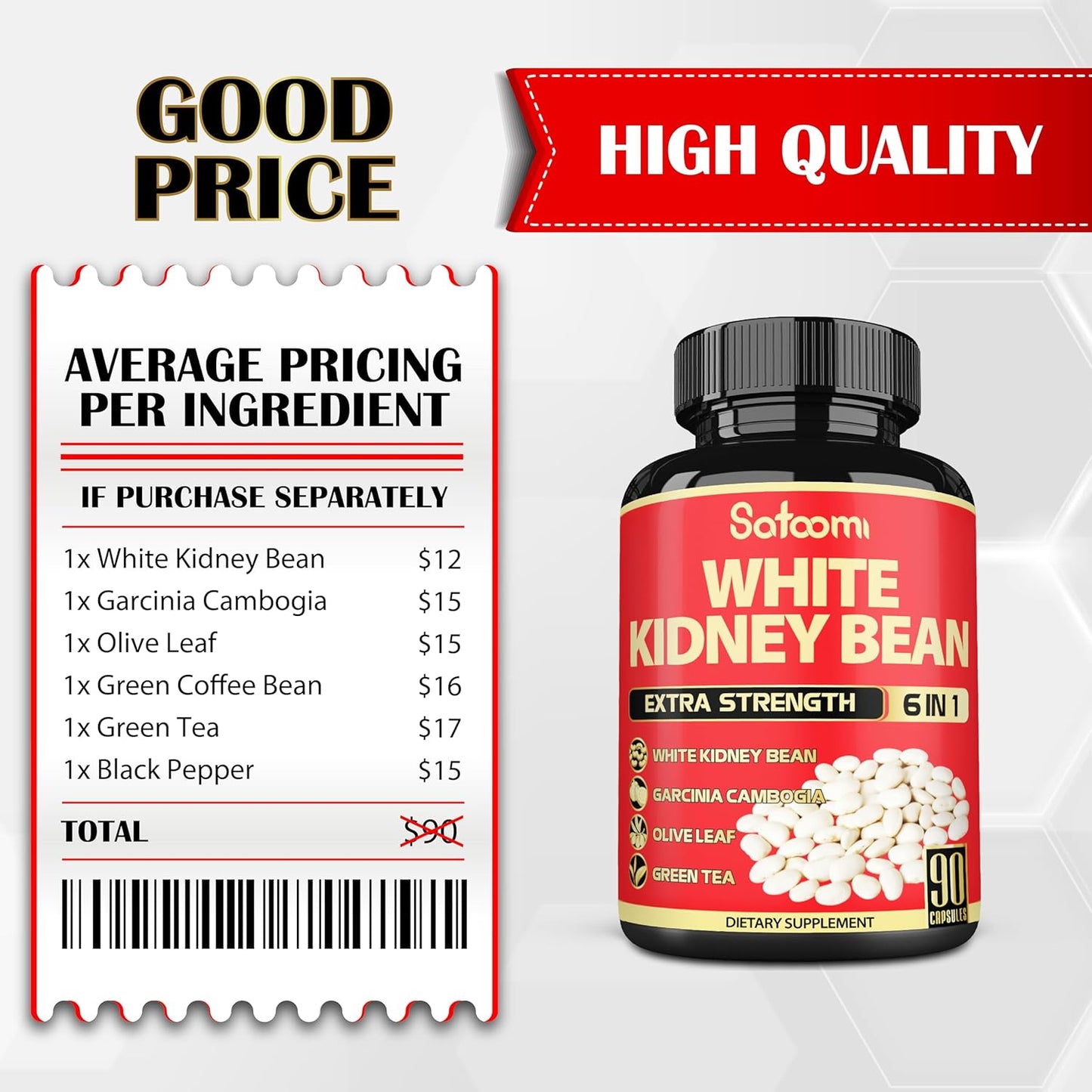 6-in-1 Satoomi White Kidney Bean Extract Capsules - 90 Capsules - 3 Month Supply - Carb Scale Down Support with Olive Leaf, Green Coffee Bean, Green Tea Blend