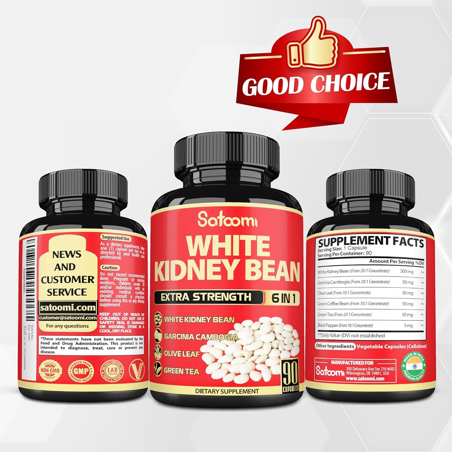 6-in-1 Satoomi White Kidney Bean Extract Capsules - 90 Capsules - 3 Month Supply - Carb Scale Down Support with Olive Leaf, Green Coffee Bean, Green Tea Blend