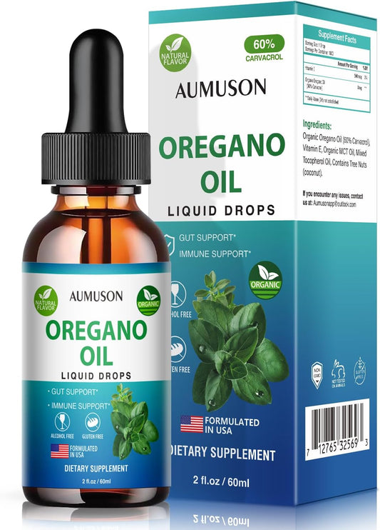 6 Month Supply AUMUSON Oregano Oil Liquid Drops with Carvacrol & Vitamin E for Cleanse, Detox, Immune Support, Digestive Health - Pure Vegan Herbal Extract 2oz Tincture