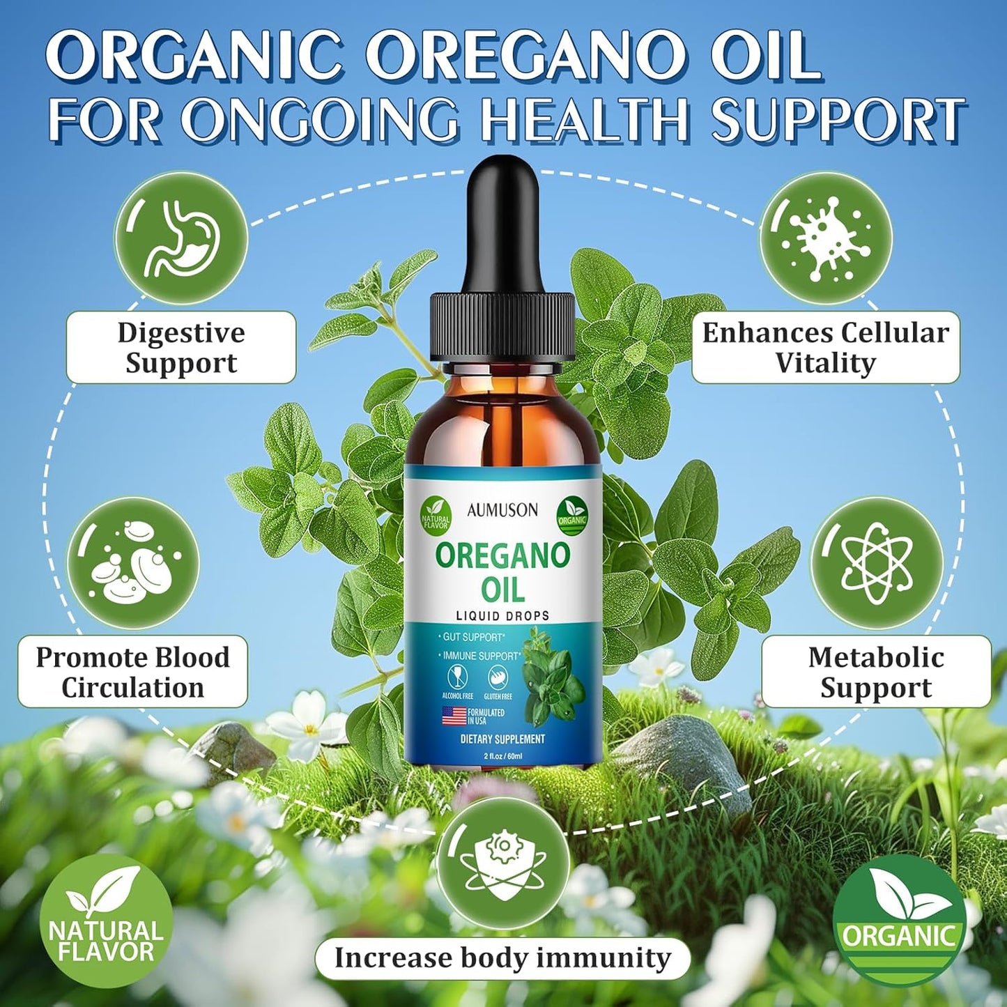 6 Month Supply AUMUSON Oregano Oil Liquid Drops with Carvacrol & Vitamin E for Cleanse, Detox, Immune Support, Digestive Health - Pure Vegan Herbal Extract 2oz Tincture