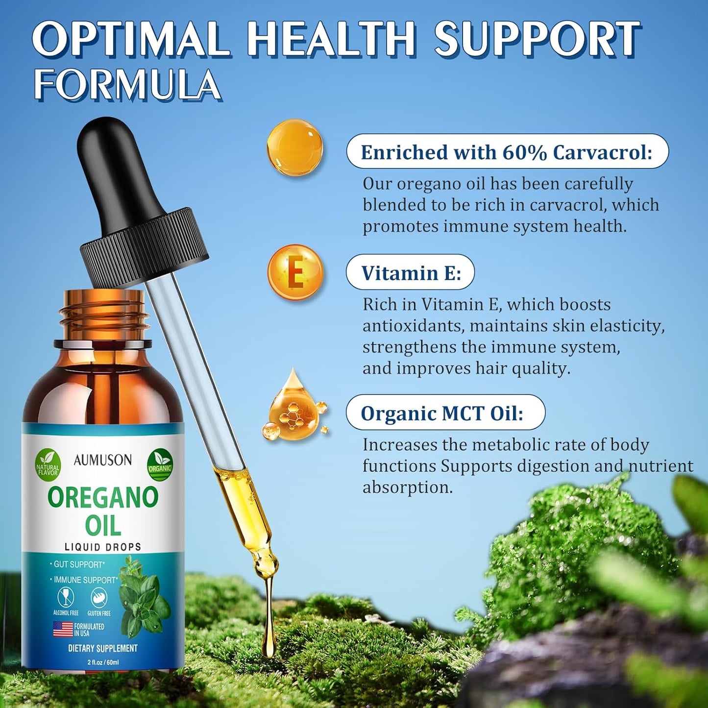 6 Month Supply AUMUSON Oregano Oil Liquid Drops with Carvacrol & Vitamin E for Cleanse, Detox, Immune Support, Digestive Health - Pure Vegan Herbal Extract 2oz Tincture