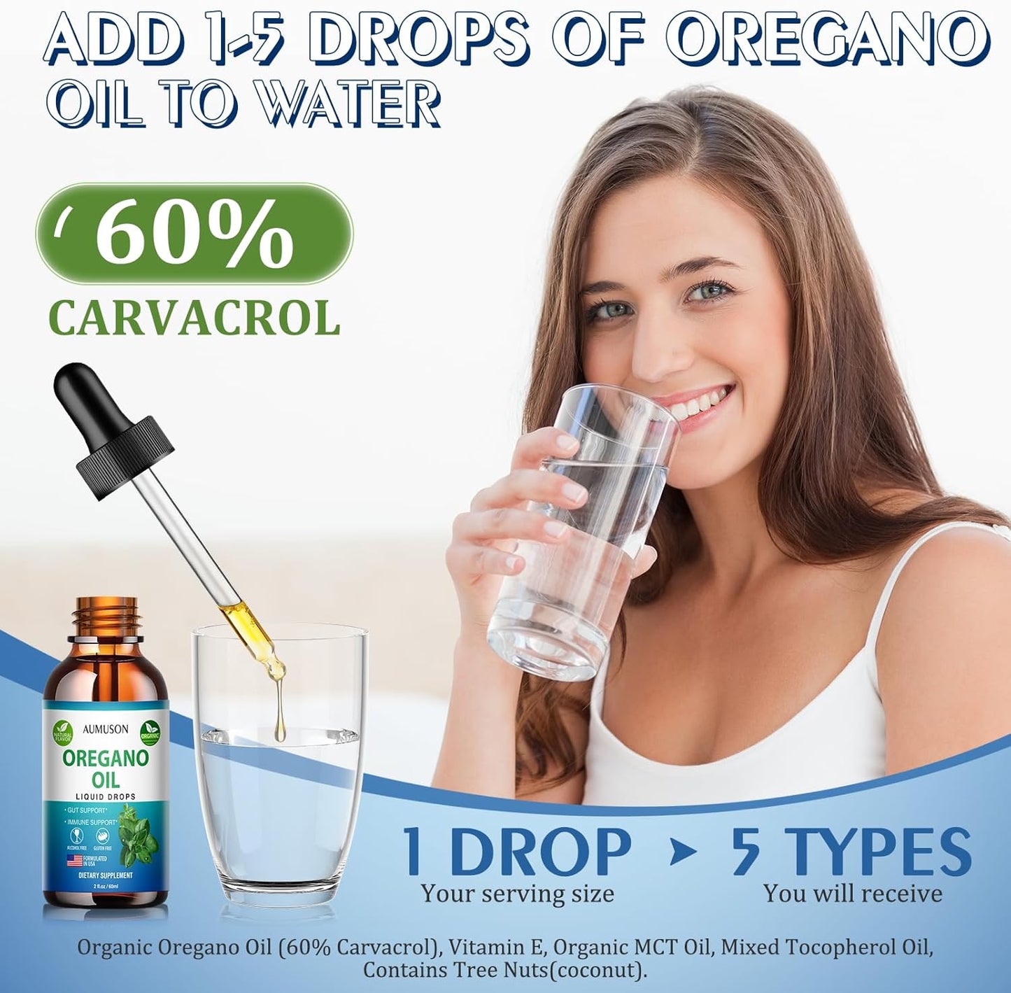 6 Month Supply AUMUSON Oregano Oil Liquid Drops with Carvacrol & Vitamin E for Cleanse, Detox, Immune Support, Digestive Health - Pure Vegan Herbal Extract 2oz Tincture