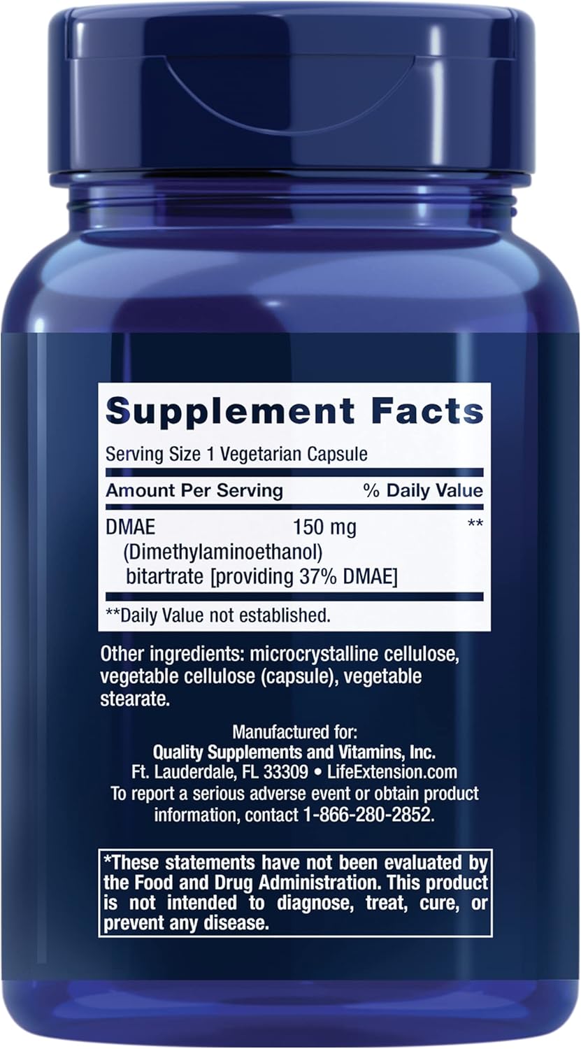 6-Month Supply Life Extension DMAE Bitartrate Capsules, Supports Neurotransmitter Production, Gluten-Free, Non-GMO, Vegetarian - 200 Count