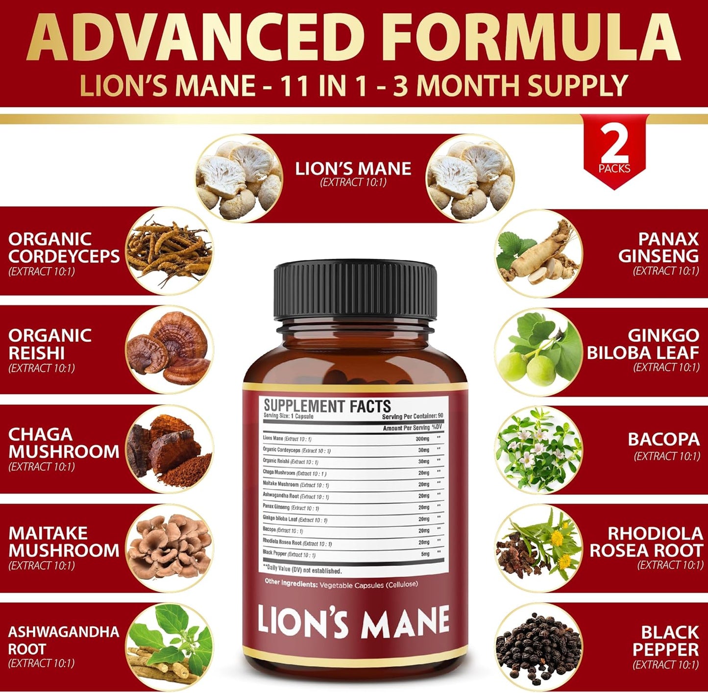 6 Month Supply Lions Mane Mushroom Supplement with Cordeyceps, Reishi, Ashwagandha - Focus, Memory, Brain, Immune, Energy Pills - 180 Capsules