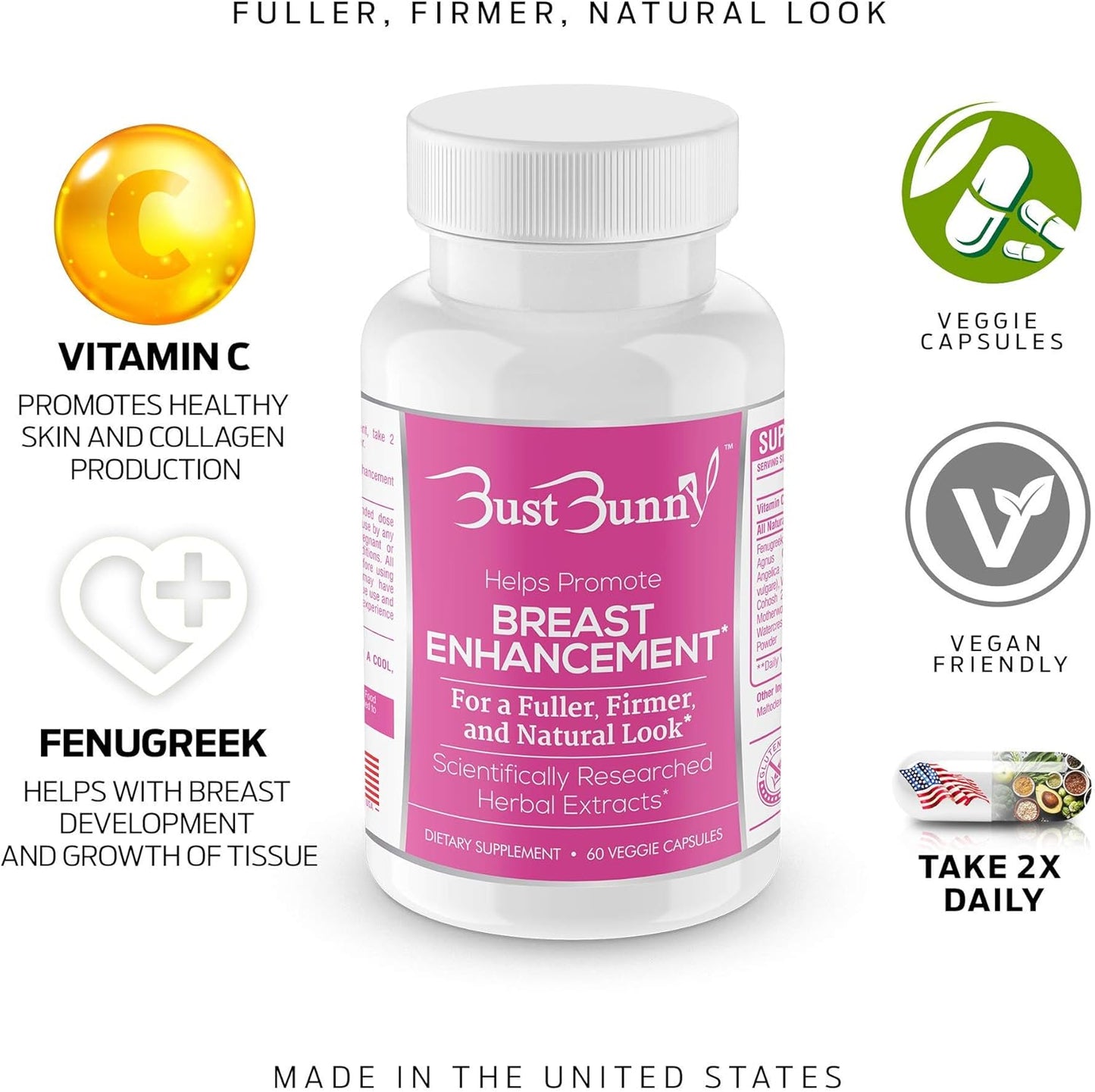 6-Month Supply of Bust Bunny Breast Enhancement Pills - Vegan-Friendly Formula for Natural Breast Enlargement and Increased Bust Size