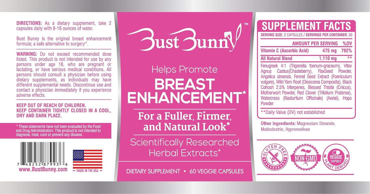 6-Month Supply of Bust Bunny Breast Enhancement Pills - Vegan-Friendly Formula for Natural Breast Enlargement and Increased Bust Size