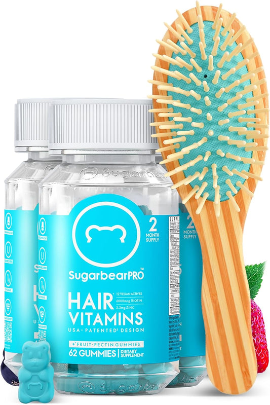 6 Month Supply of SugarbearPro Gentle Detangling Bamboo Hair Brush & Vegan Hair Vitamin Gummies with Extra Strength Biotin 6000mcg for Healthy Hair Types