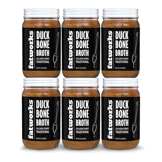 6 Pack Fatworks Gourmet Cage-Free Duck Bone Broth - Traditional Flavor, Keto & Paleo Friendly, Rich in Collagen, No Preservatives - 15 oz. Jars
