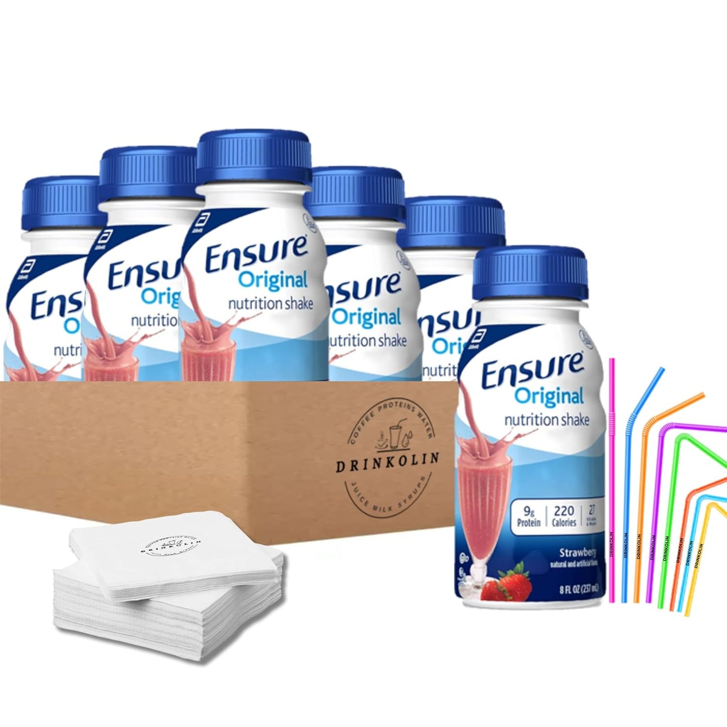 6 Pack Kaxilu Ensure Original Nutrition Shakes in Strawberry Flavor - Packed with Vitamins & Minerals, Includes Drinkolin Straws - 8 OZ