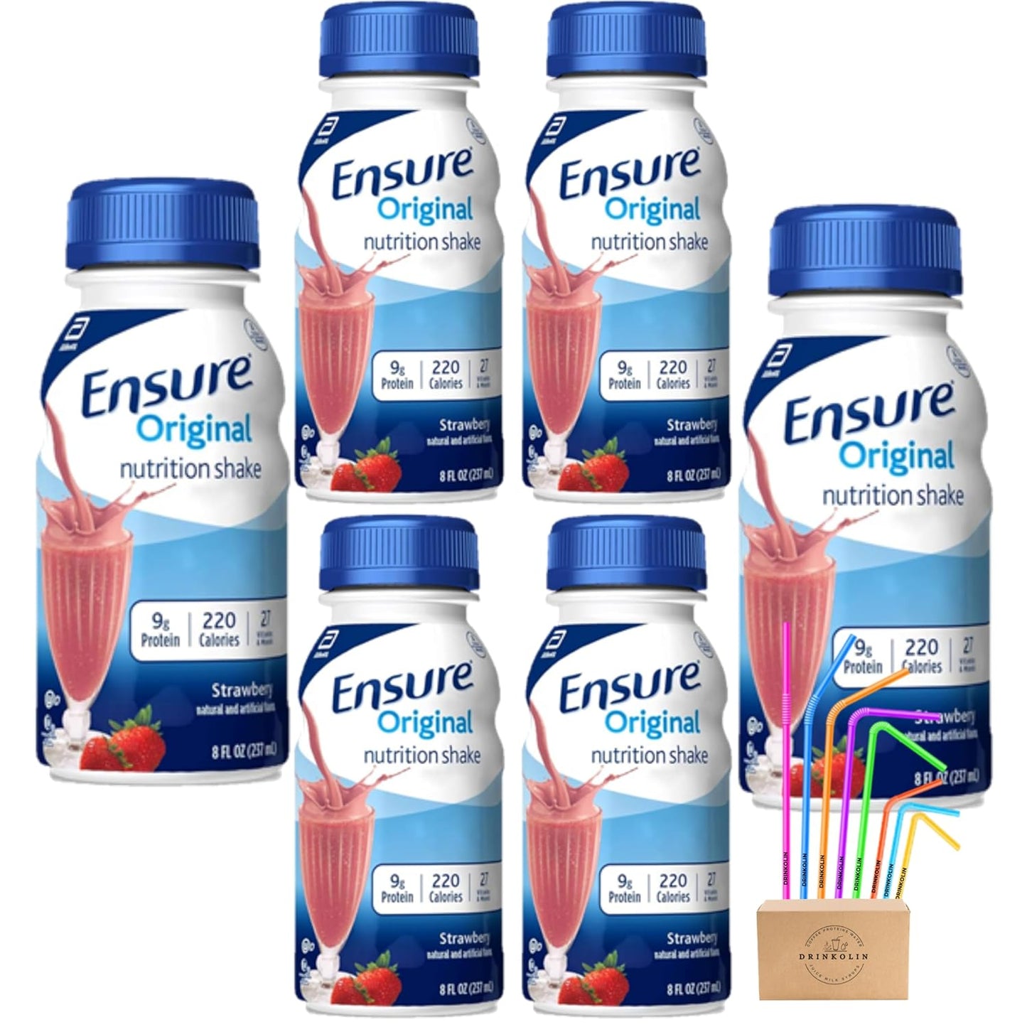 6 Pack Kaxilu Ensure Original Nutrition Shakes in Strawberry Flavor - Packed with Vitamins & Minerals, Includes Drinkolin Straws - 8 OZ