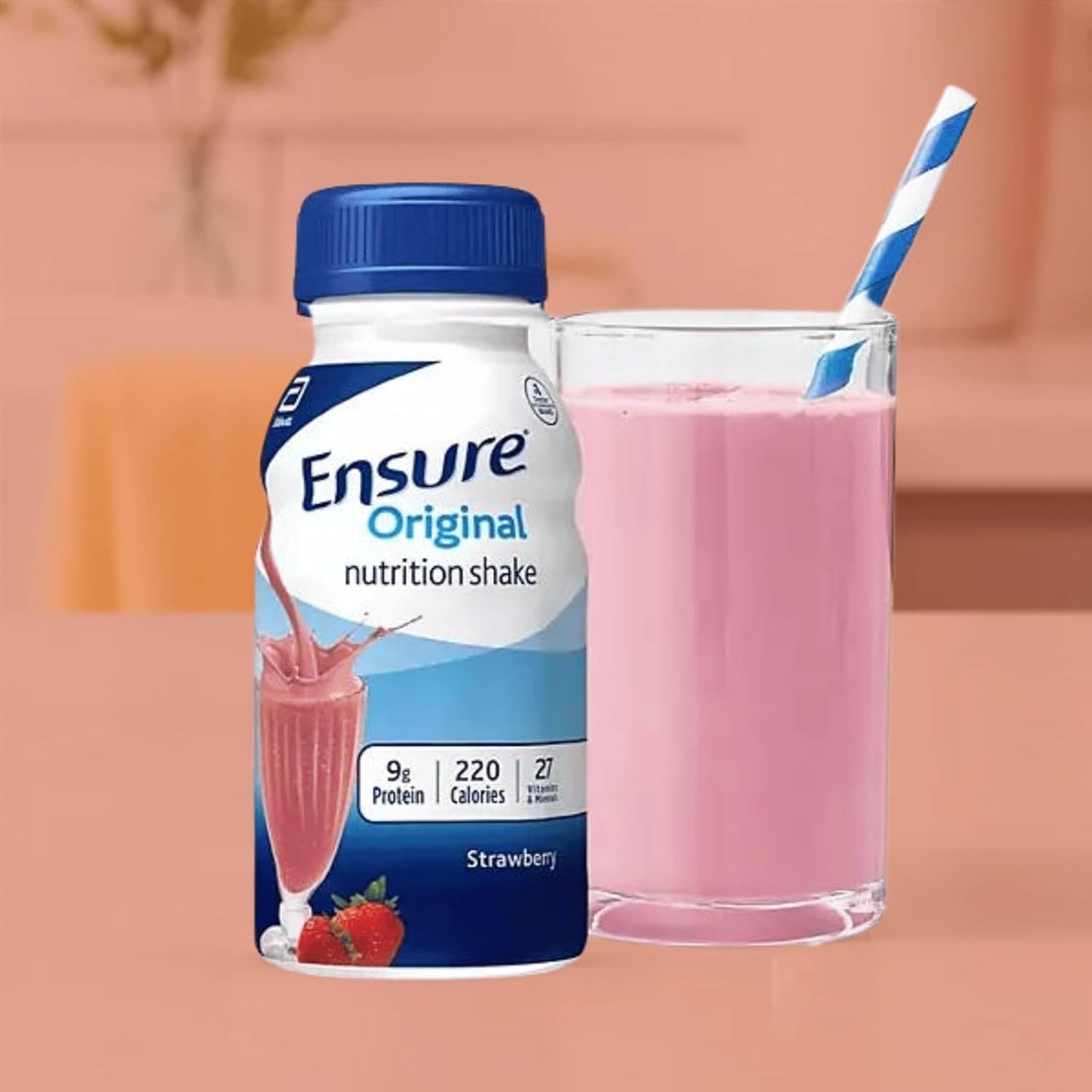 6 Pack Kaxilu Ensure Original Nutrition Shakes in Strawberry Flavor - Packed with Vitamins & Minerals, Includes Drinkolin Straws - 8 OZ