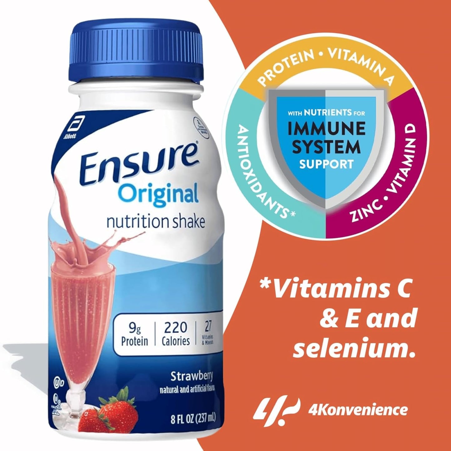 6 Pack Kaxilu Ensure Original Nutrition Shakes in Strawberry Flavor - Packed with Vitamins & Minerals, Includes Drinkolin Straws - 8 OZ