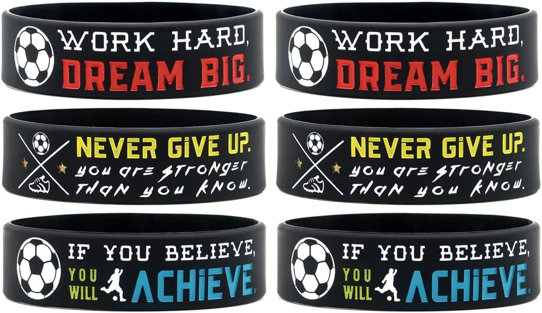 6-Pack Motivational Soccer Wristbands with Sports Quotes - Soccer Gifts for Players - Unisex Team Accessories for Awards and Parties