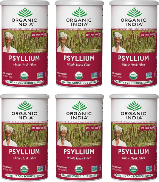 6 Pack of ORGANIC INDIA Whole Psyllium Husk Powder - Digestion Support, Vegan Fiber Supplement - 12 oz Canister, Non-GMO & Gluten-Free