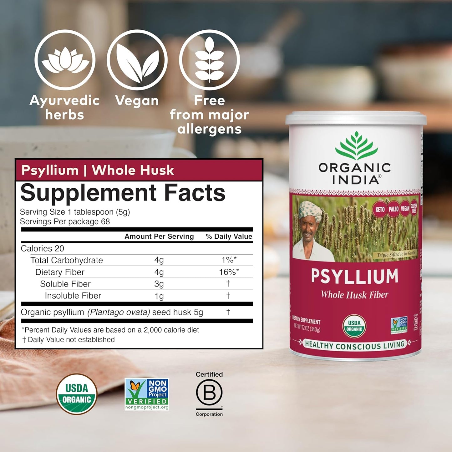 6 Pack of ORGANIC INDIA Whole Psyllium Husk Powder - Digestion Support, Vegan Fiber Supplement - 12 oz Canister, Non-GMO & Gluten-Free