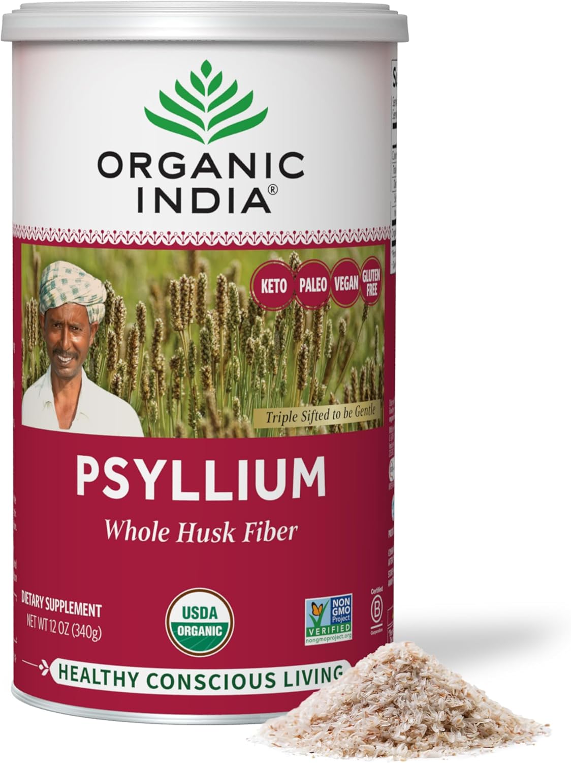 6 Pack of ORGANIC INDIA Whole Psyllium Husk Powder - Digestion Support, Vegan Fiber Supplement - 12 oz Canister, Non-GMO & Gluten-Free