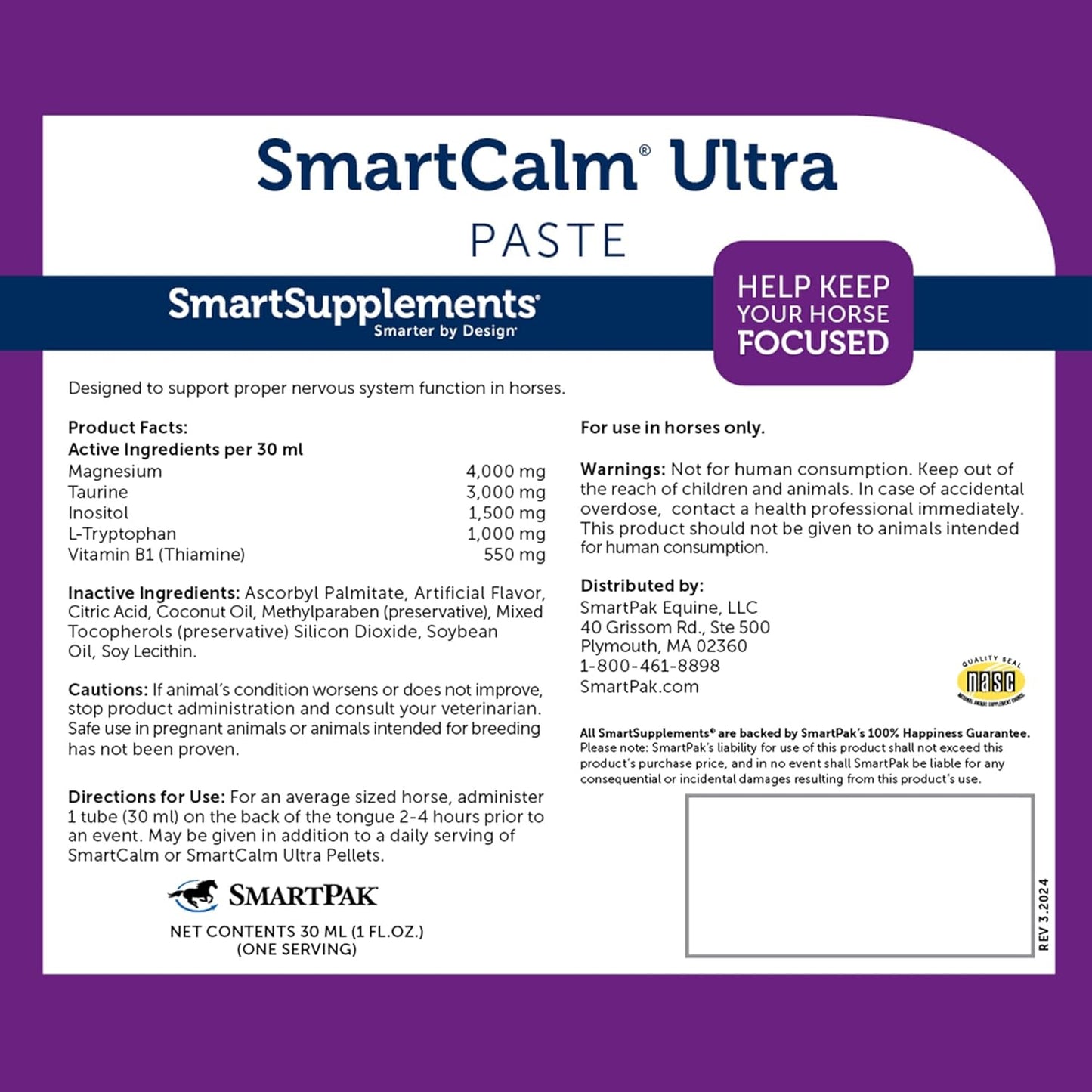 6 Pack of SMARTPAK SmartCalm Ultra Paste - Horse Calming Supplement without Herbs or Sugar for Skittish Horses