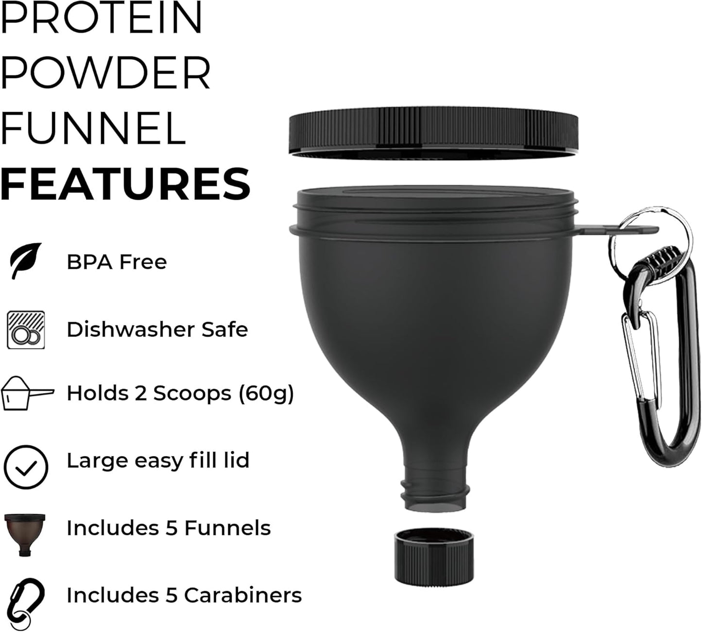 6-Pack Shaker Bottles with Agitator + 5-Pack Protein Funnels Bundle for Fitness - BPA-Free & Dishwasher Safe with Carabiner