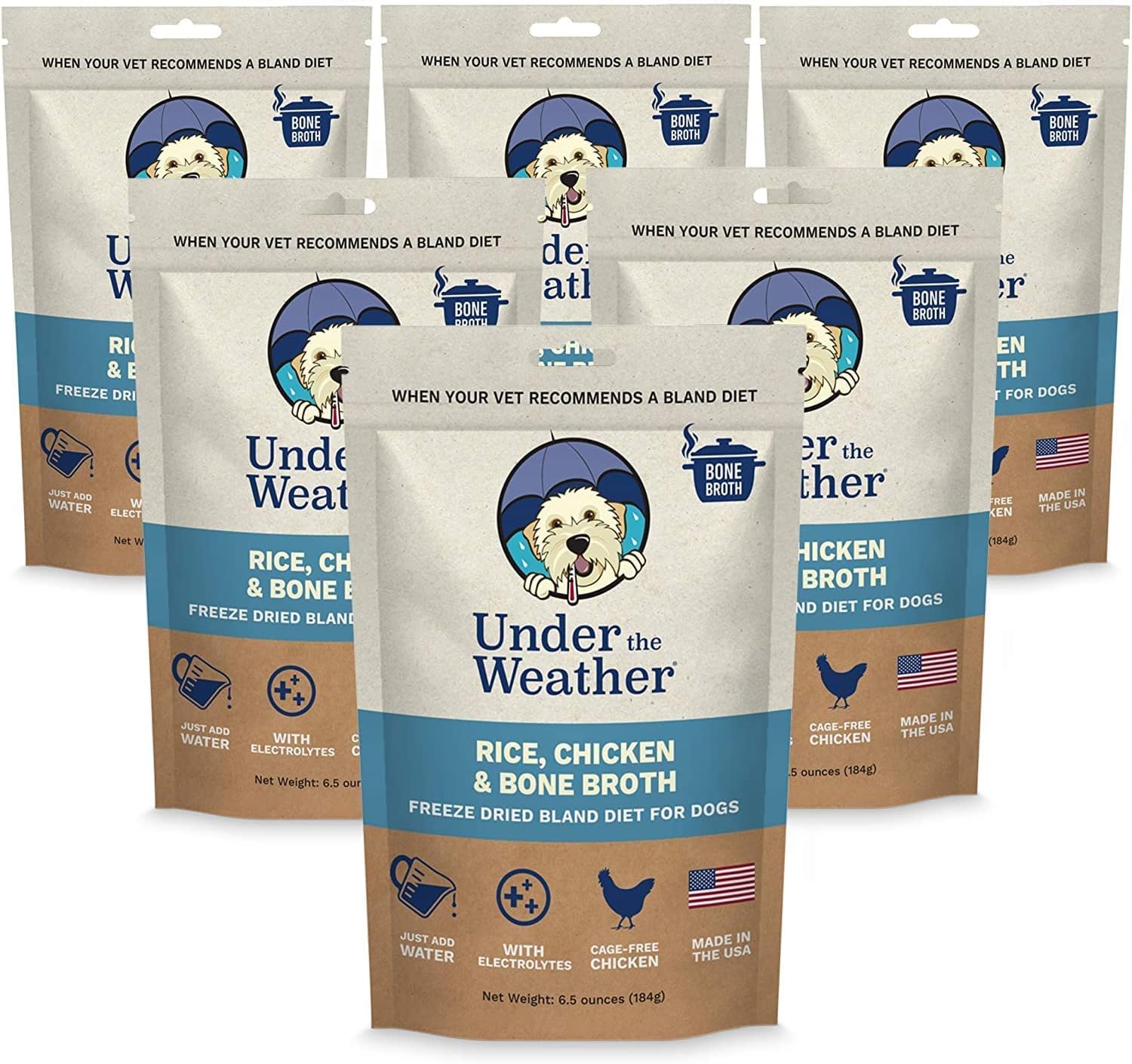 6 Pack Under the Weather Bland Diet for Dogs | Easy to Digest with Electrolytes | Natural Freeze Dried Human Grade Meats - Chicken, Rice & Bone Broth
