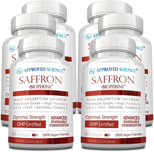 6 Packs of Approved Science® Saffron Capsules - Standardized to 3% Crocin, 2% Safranal with High-Absorption BioPerine - Vegan - 60 Capsules