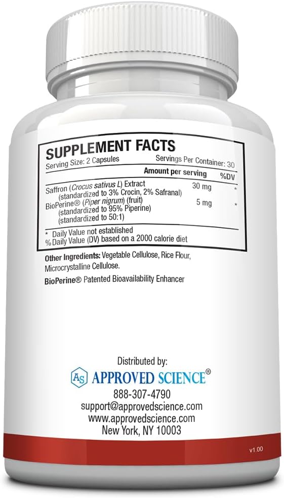 6 Packs of Approved Science® Saffron Capsules - Standardized to 3% Crocin, 2% Safranal with High-Absorption BioPerine - Vegan - 60 Capsules