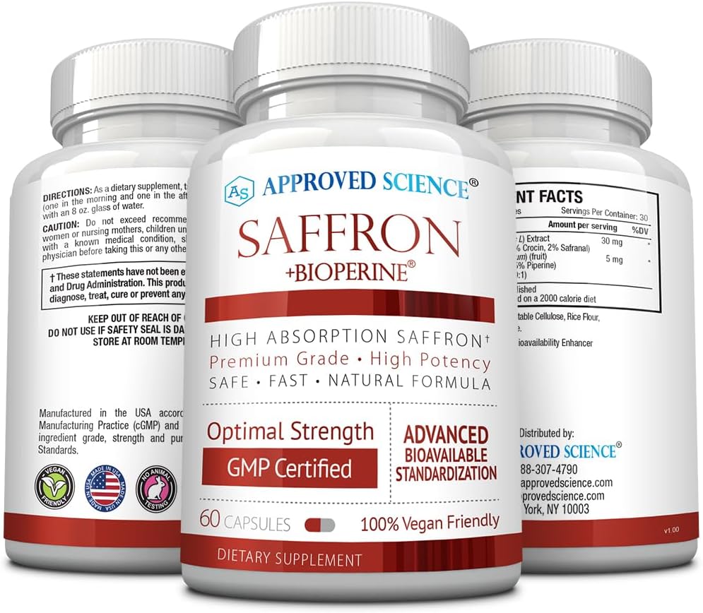 6 Packs of Approved Science® Saffron Capsules - Standardized to 3% Crocin, 2% Safranal with High-Absorption BioPerine - Vegan - 60 Capsules