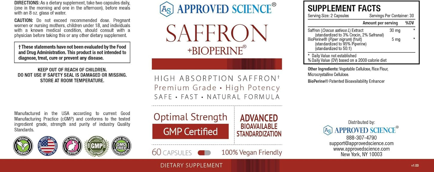 6 Packs of Approved Science® Saffron Capsules - Standardized to 3% Crocin, 2% Safranal with High-Absorption BioPerine - Vegan - 60 Capsules