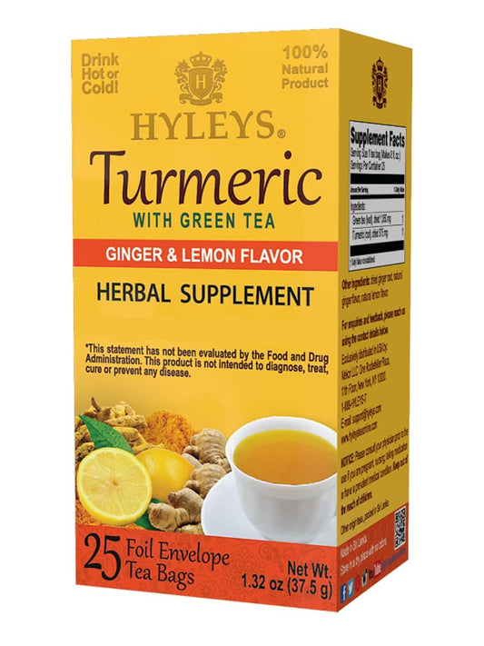 6 Packs of Hyleys Turmeric Tea with Green Tea, Ginger, and Lemon Flavor - 150 Tea Bags Total