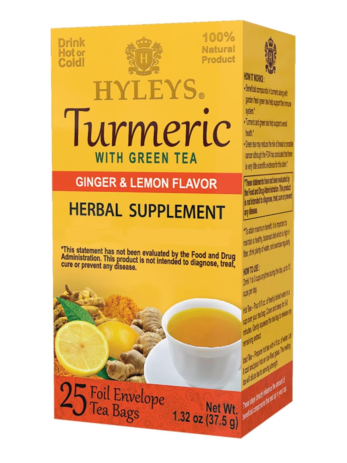 6 Packs of Hyleys Turmeric Tea with Green Tea, Ginger, and Lemon Flavor - 150 Tea Bags Total
