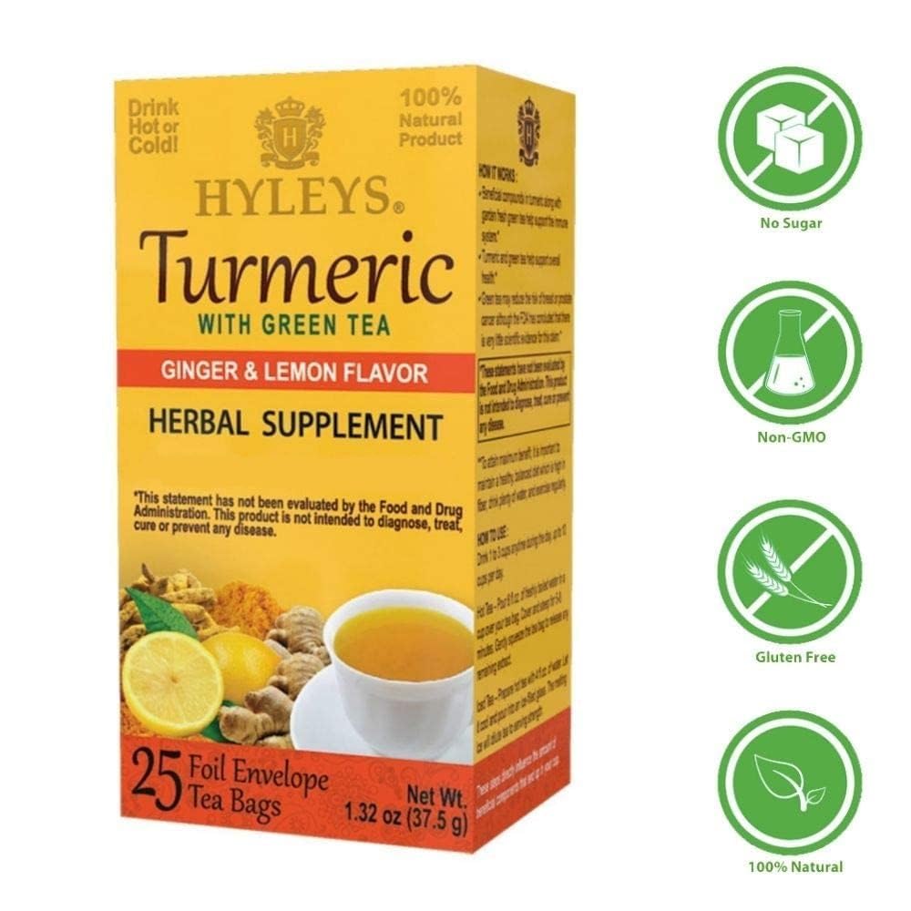 6 Packs of Hyleys Turmeric Tea with Green Tea, Ginger, and Lemon Flavor - 150 Tea Bags Total