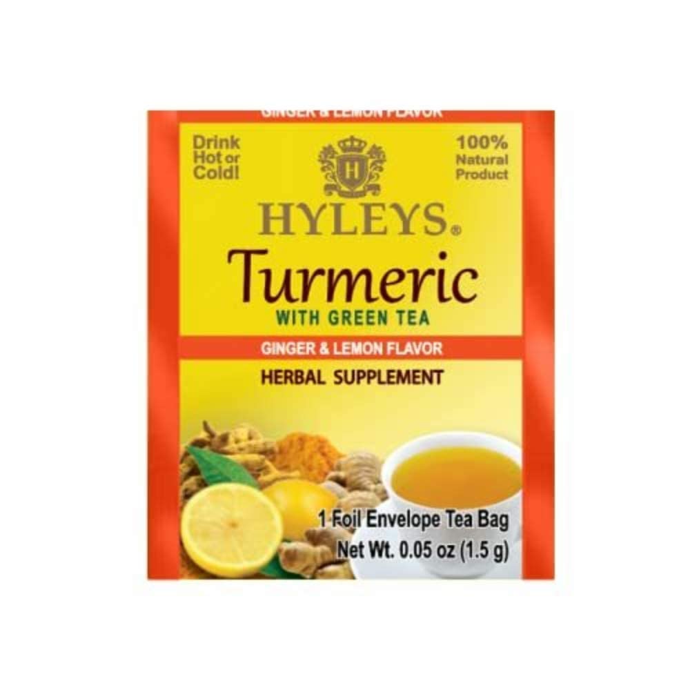6 Packs of Hyleys Turmeric Tea with Green Tea, Ginger, and Lemon Flavor - 150 Tea Bags Total