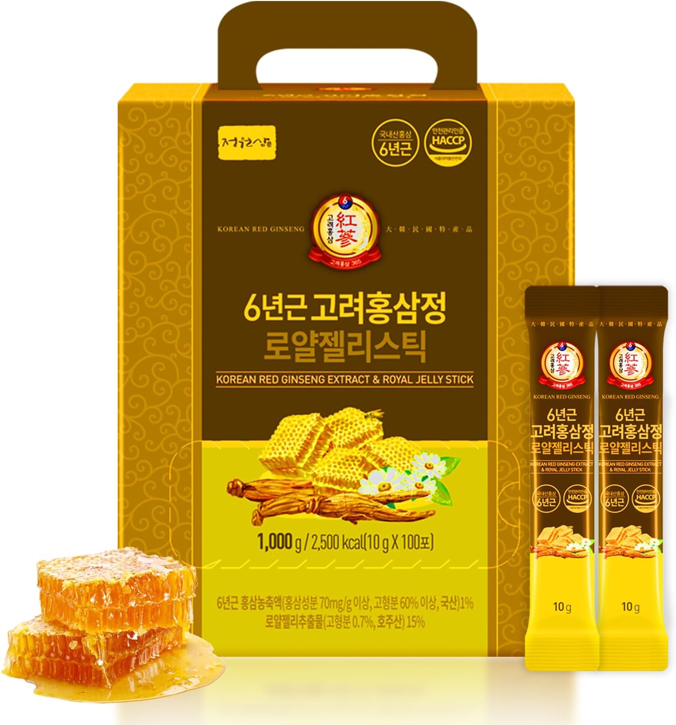 6-Year Korean Red Ginseng Extract & Royal Honey Sticks - 100 Pack | 70mg Ginseng, 15% Honey | Energy & Immune Support Supplement for Men & Women